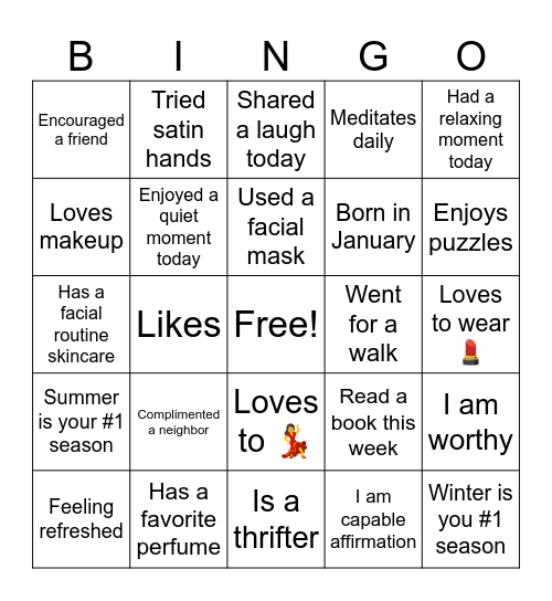 Self-care Bingo Card