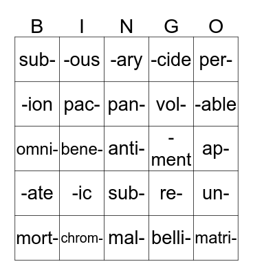 Word Parts Bingo Card