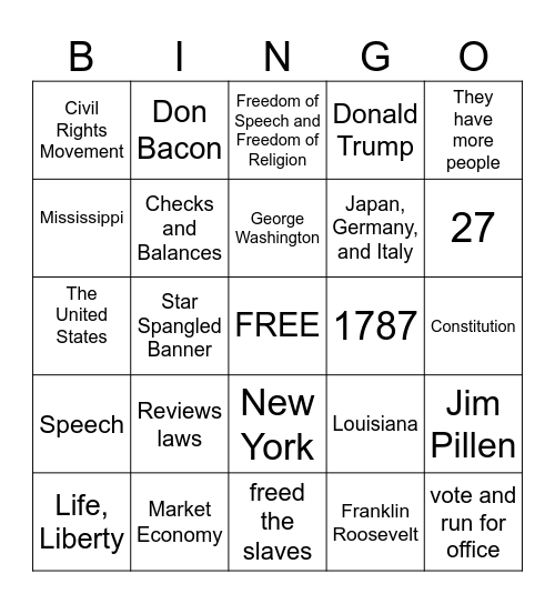 Citizenship Bingo Card
