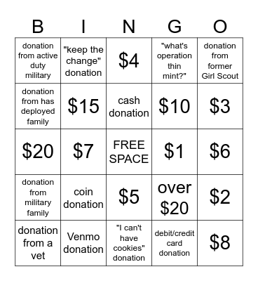 OPERATION THIN MINT BINGO (only one space per donation) Bingo Card