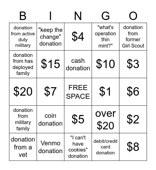 OPERATION THIN MINT BINGO (only one space per donation) Bingo Card