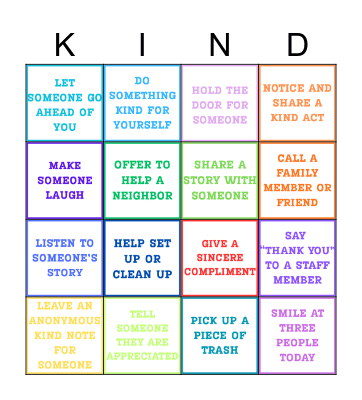 Kindness Bingo Card