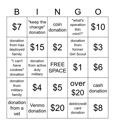OPERATION THIN MINT BINGO (only one space per donation) Bingo Card
