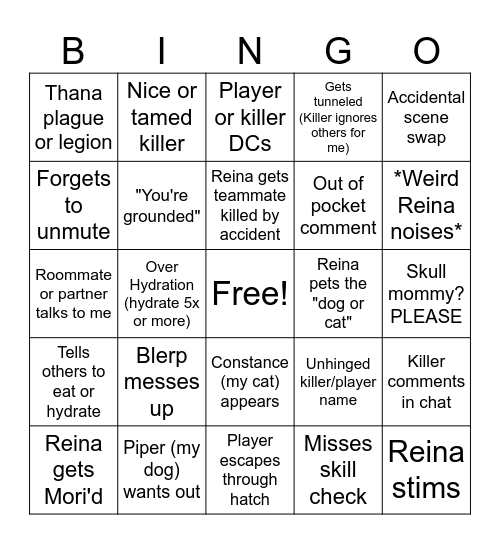Reina's Drinking DBD Stream Bingo Card