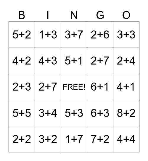 1st Grade Addition Bingo Card