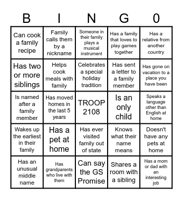 Troop 2108 Family BINGO! Bingo Card