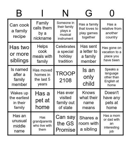 Troop 2108 Family BINGO! Bingo Card