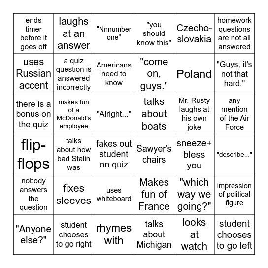 Mr. Rusty's History Class Bingo Card