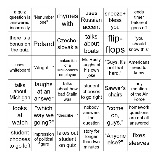 Mr. Rusty's History Class Bingo Card