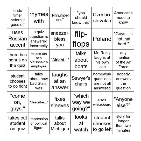 Mr. Rusty's History Class Bingo Card