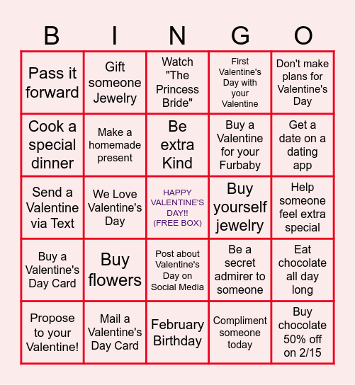 Virtual Valentine's Day Bingo Card