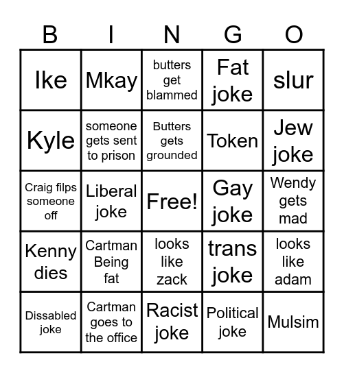 South Park Bingo Card