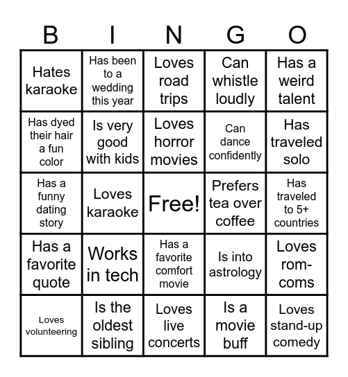 Single's Mingle Bingo Card