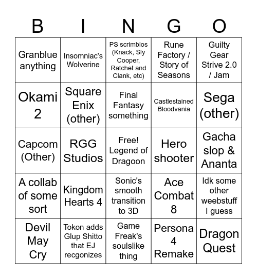 State of Play 2/12 Bingo Card