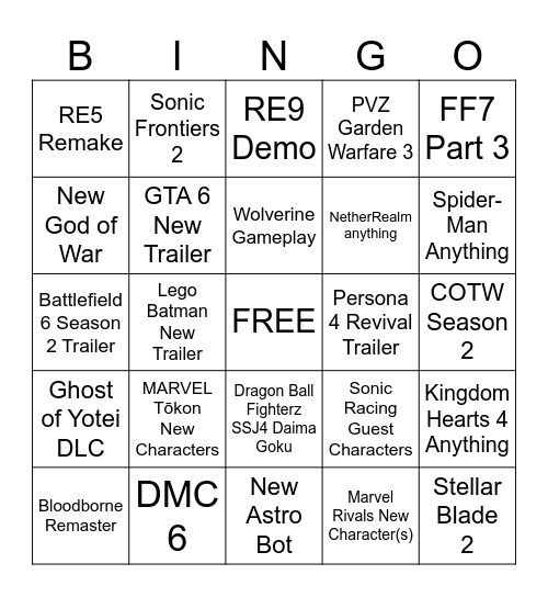 PlayStation State of Play 2/9/26 Bingo Card