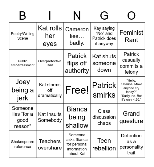 10 Things I hate About you Bingo Card