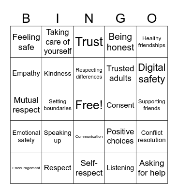 Healthy Relationships Bingo Card