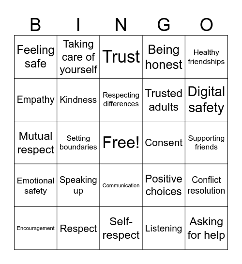 Healthy Relationships Bingo Card