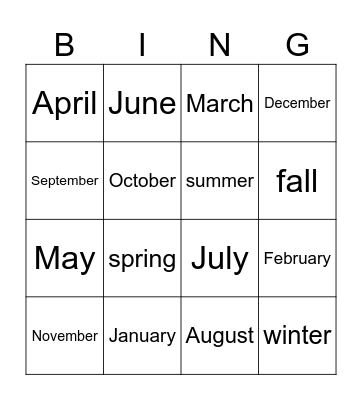 Months & Seasons Bingo Card