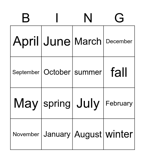 Months & Seasons Bingo Card