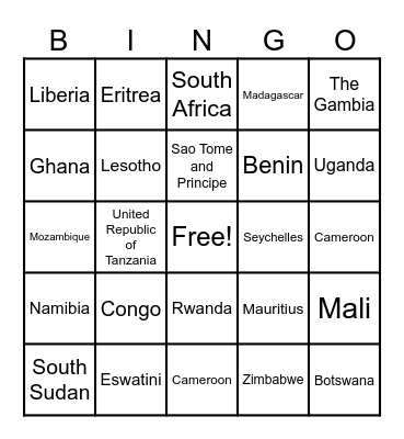 African Countries Bingo Card