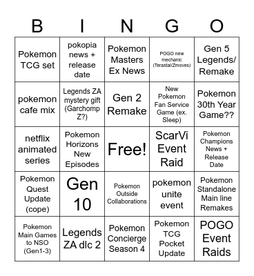 Pokemon Presents Feb 2026 Bingo Card