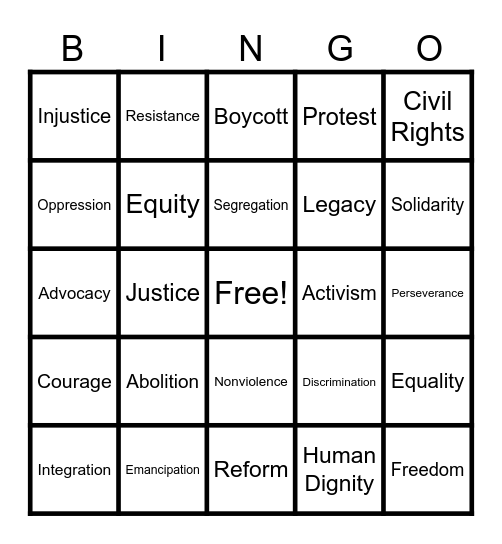 Justice & Change Vocabulary Bingo Card