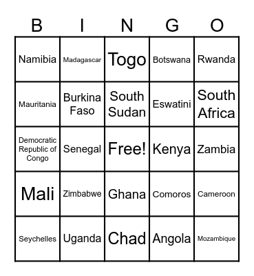 African Countries Bingo Card