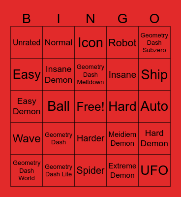 Geometry Dash Bingo Card