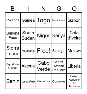African Countries Bingo Card