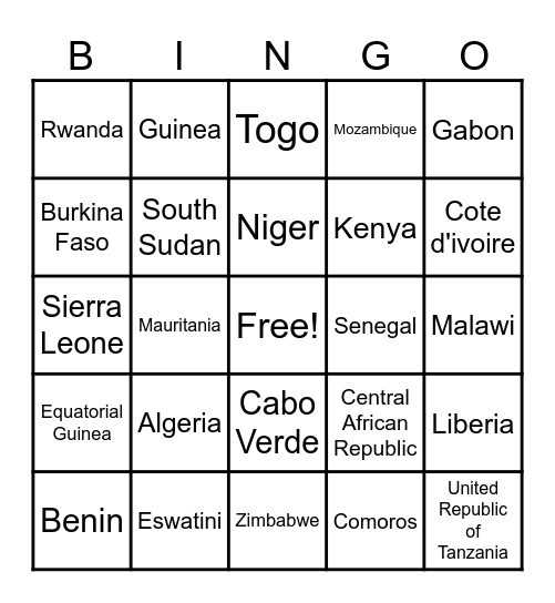 African Countries Bingo Card