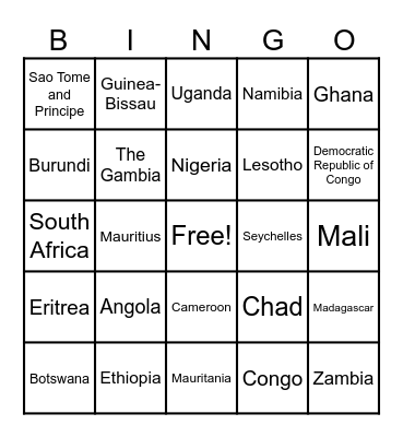 African Countries Bingo Card
