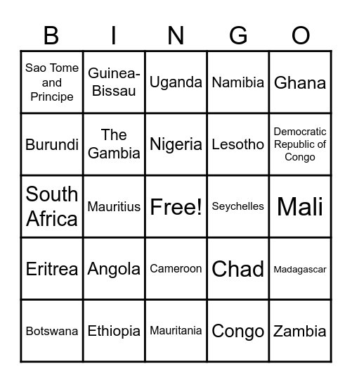 African Countries Bingo Card