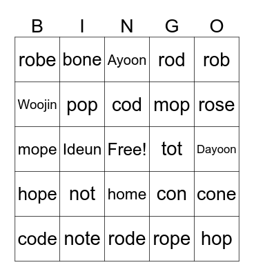 o_e Bingo Card