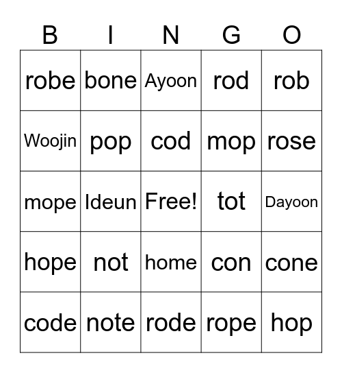 o_e Bingo Card