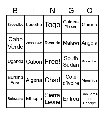 African Countries Bingo Card