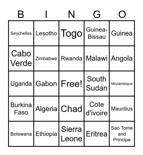 African Countries Bingo Card