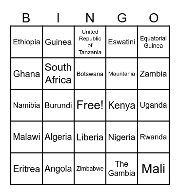 African Countries Bingo Card