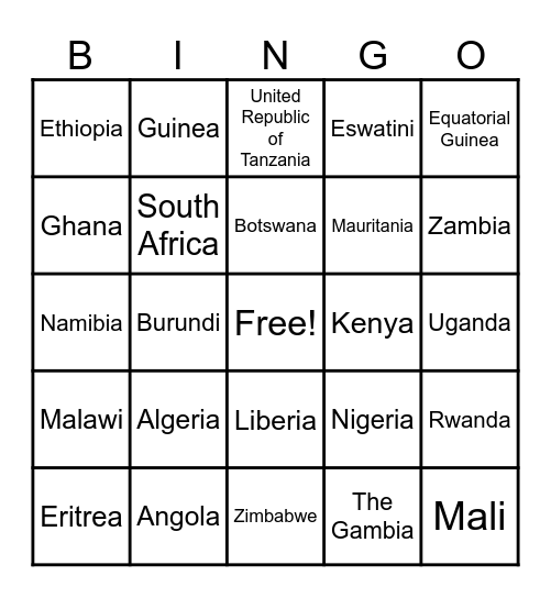 African Countries Bingo Card