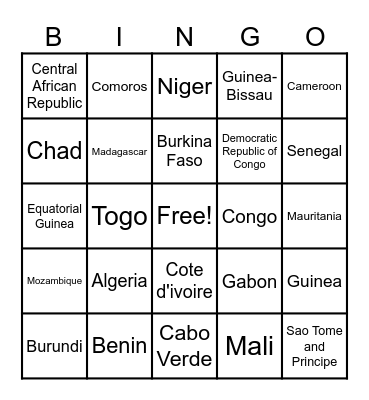 African Countries Bingo Card