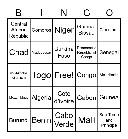 African Countries Bingo Card