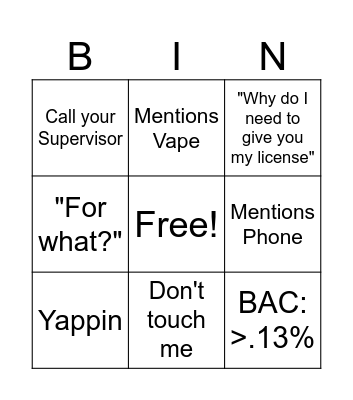 Body Cam Bingo Card