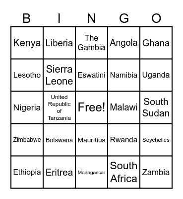 African Countries Bingo Card