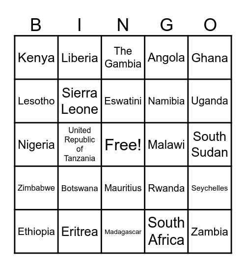 African Countries Bingo Card