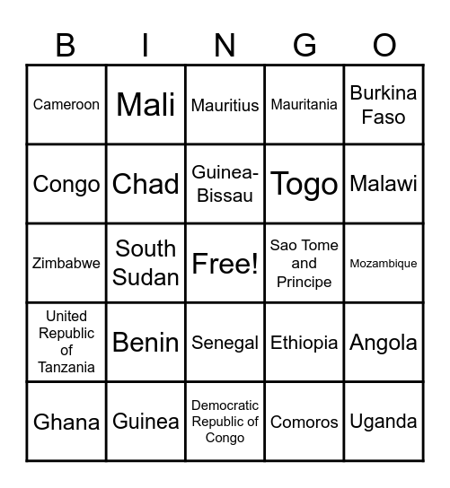African Countries Bingo Card