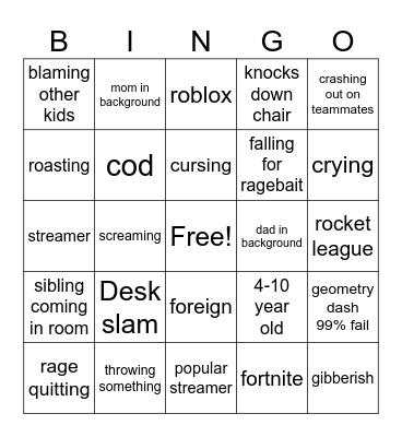 Gamer rage bingo Card
