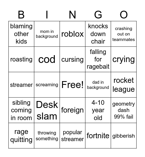 Gamer rage bingo Card