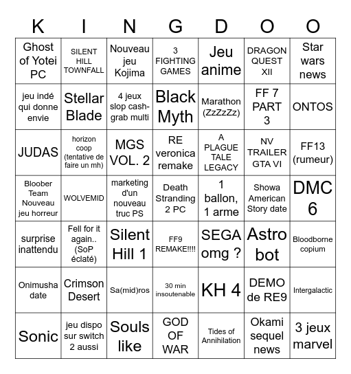 State of Play Bingo Card