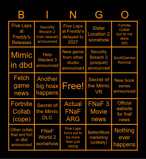 FNaF 2026 Bingo Card