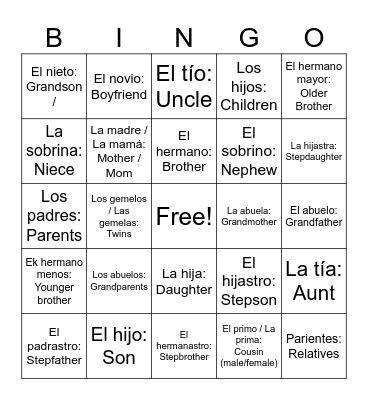La Familia - Family Bingo Card